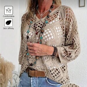 Women's Beige Crochet Knit Top